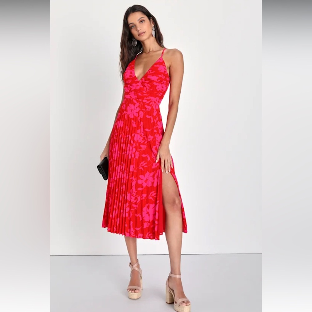 Lulus Red & Pink Vibrant Moment Hawaiian Floral Pleated Lace-Up Midi Dress NWT L